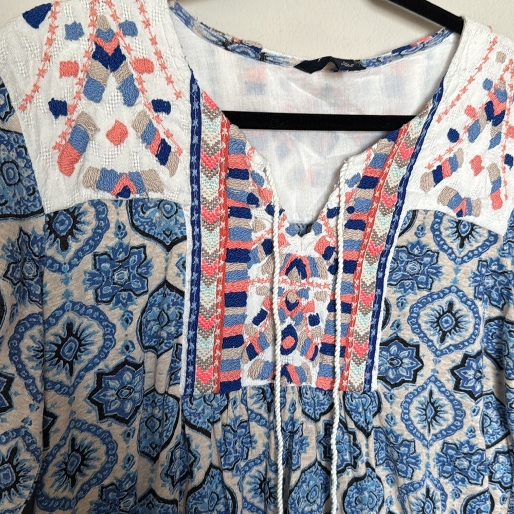 Lucky Brand 3/4 Sleeve Blouse Embroidered Boho Blue Tassle Tunic Women Large EUC - Picture 7 of 11